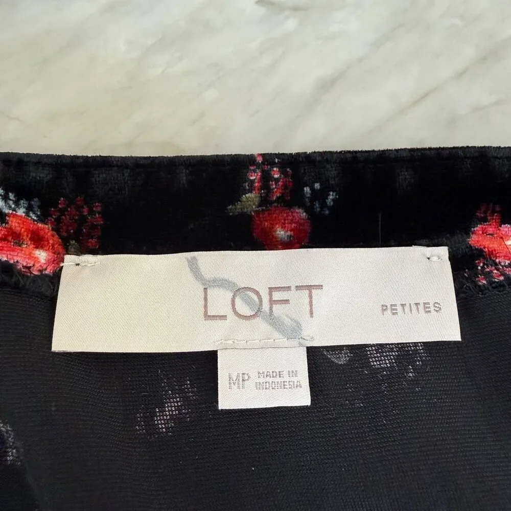 Loft Women’s Floral Velvet Puff Sleeve Top blouse red/black size MP